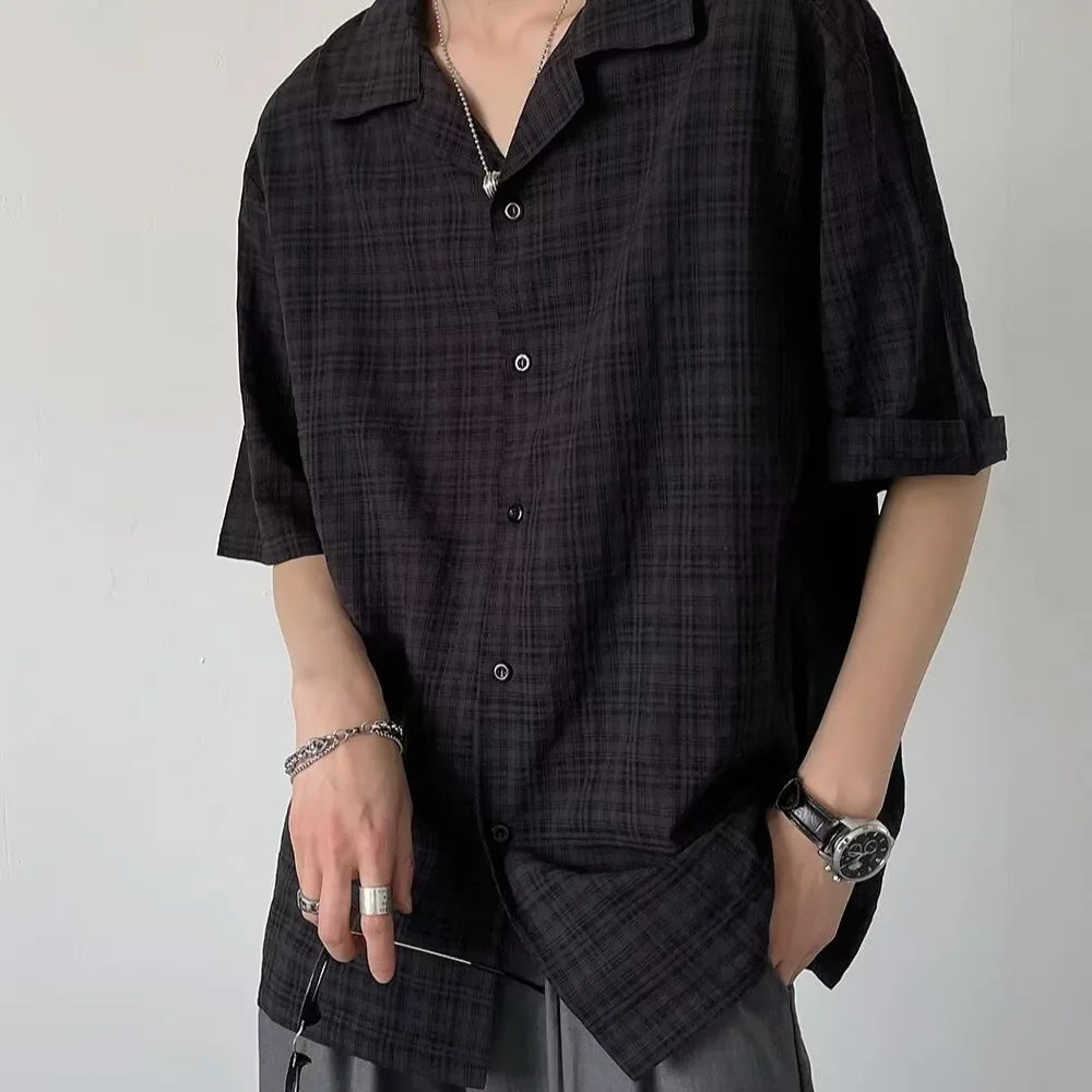 saferido Black Plaid Shirts Men Summer Loose Breathable Teens All-match Trendy Korean Fashion BF Simple Tops Streetwear Harajuku Camisas