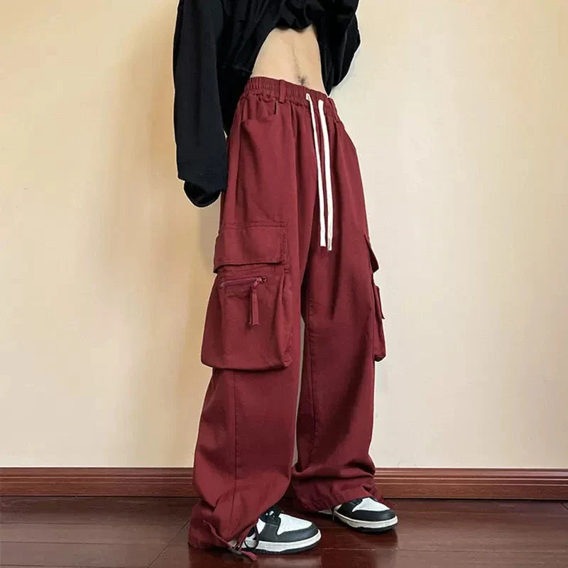 saferido Y2K Red Cargo Pants for Men Harajuku Black Trousers Male Streetwear Hip Hop Pocket Loose Casual American Safari Style