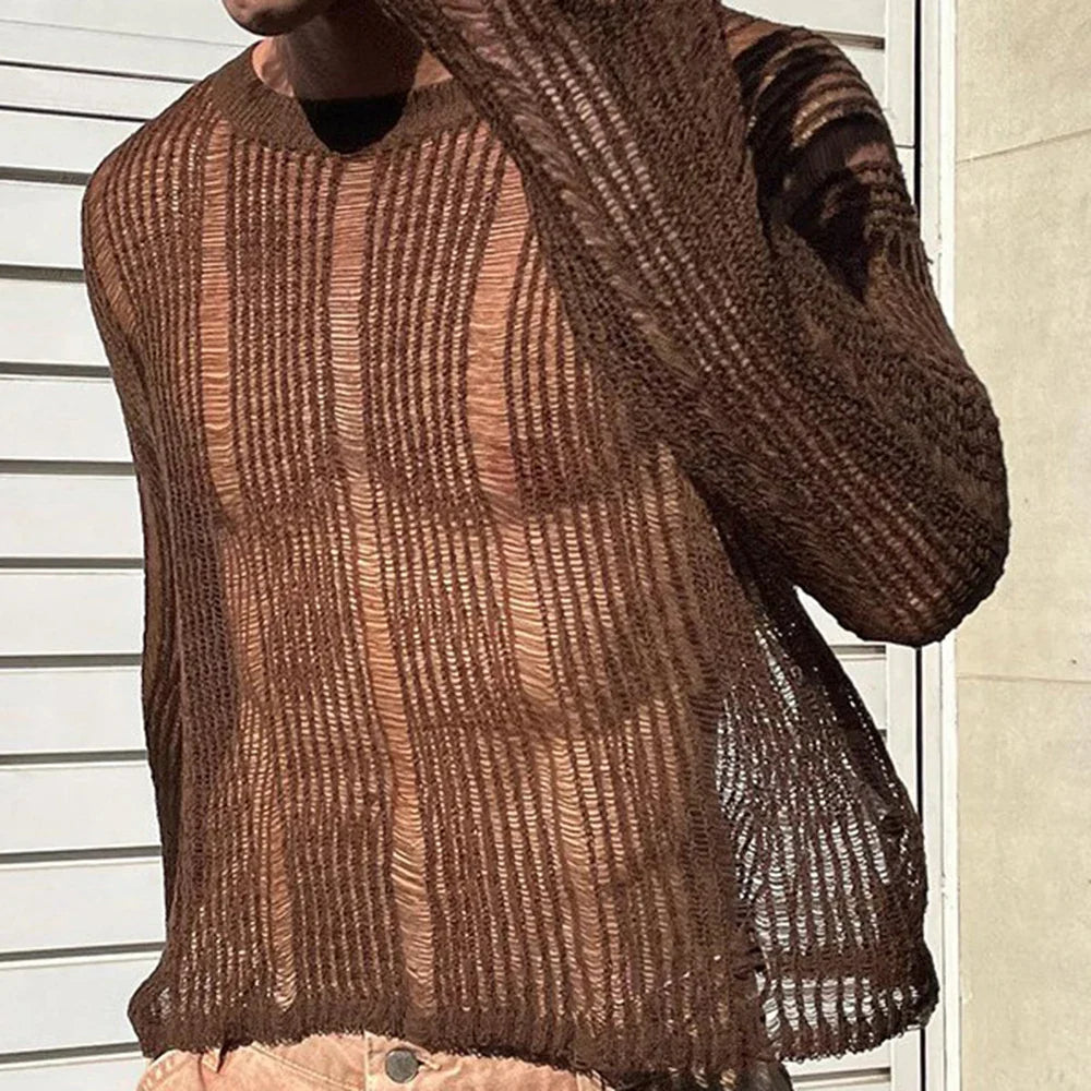 saferido Spring Autumn New Sweater T-shirts For Men Elastic Hollow Slinghtly Transparent Long Sleeve Loose Versatile Knitting Tees Tops