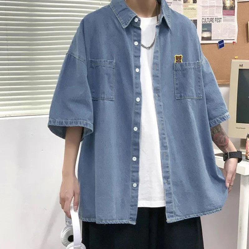 saferido Turn-down Collar Loose Man Shirts Handsome Short Sleeve Button Pockets Solid Korean Fashion Casual Spring Summer Men's Clothing