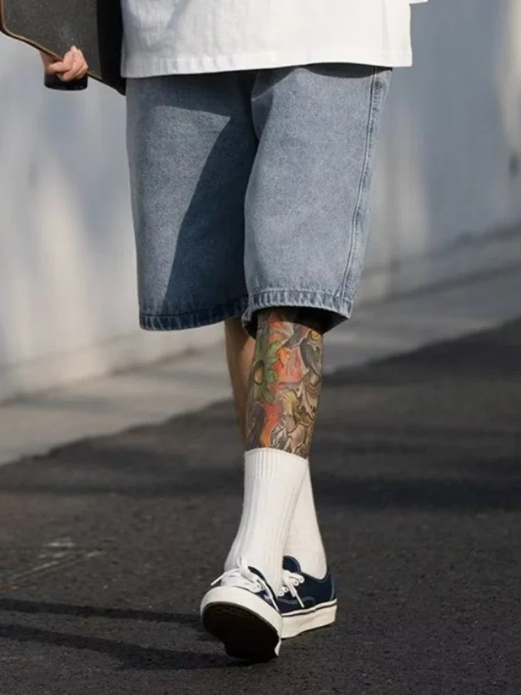 Denim Shorts Men Loose Simple Summer Popular Harajuku Japanese Style Vintage Washed Full Length All-match Streetwear College New