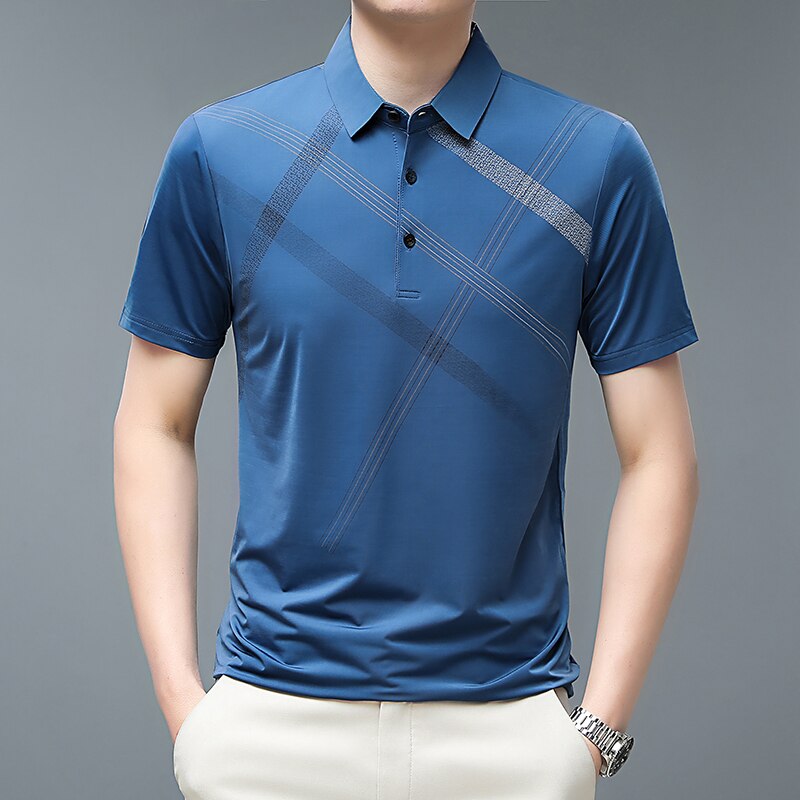 Men T Shirt Business Casual Striped Print Regular Fit Summer T Shirts for Men Turn-Down Collar Short Sleeve Men Tees Tops