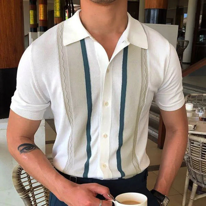 Men's Summer Casual Stripe Shirts Knitted Vintage British Breathable Patchwork Short Sleeve Jacquard Business Polo Shirt