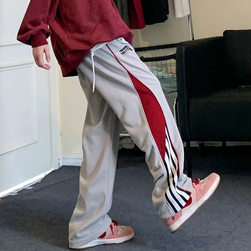 saferido American High Street Loose Straight Wide Leg Pants Men's Autumn Contrasting Stripes Drawstring Pockets Patchwork Sports Trousers