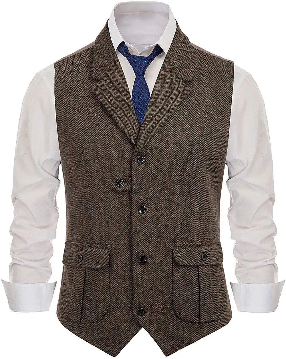 Herringbone Men's Vests Casual Suit Vest Notch Lapel with Two Pockets Herringbone Waistcoat for Wedding Groomsmen Men Vest