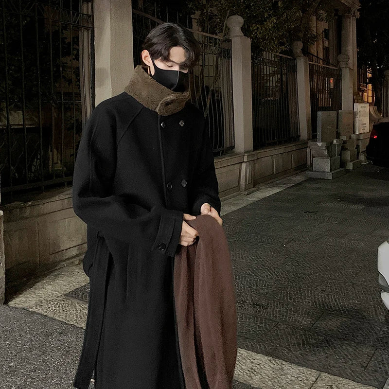 saferido Men's Lamb wool Patchwork Woolen Overcoat Men High-end Stand Collar Casual Loose Korean Style Winter New Elegant Trench Coat