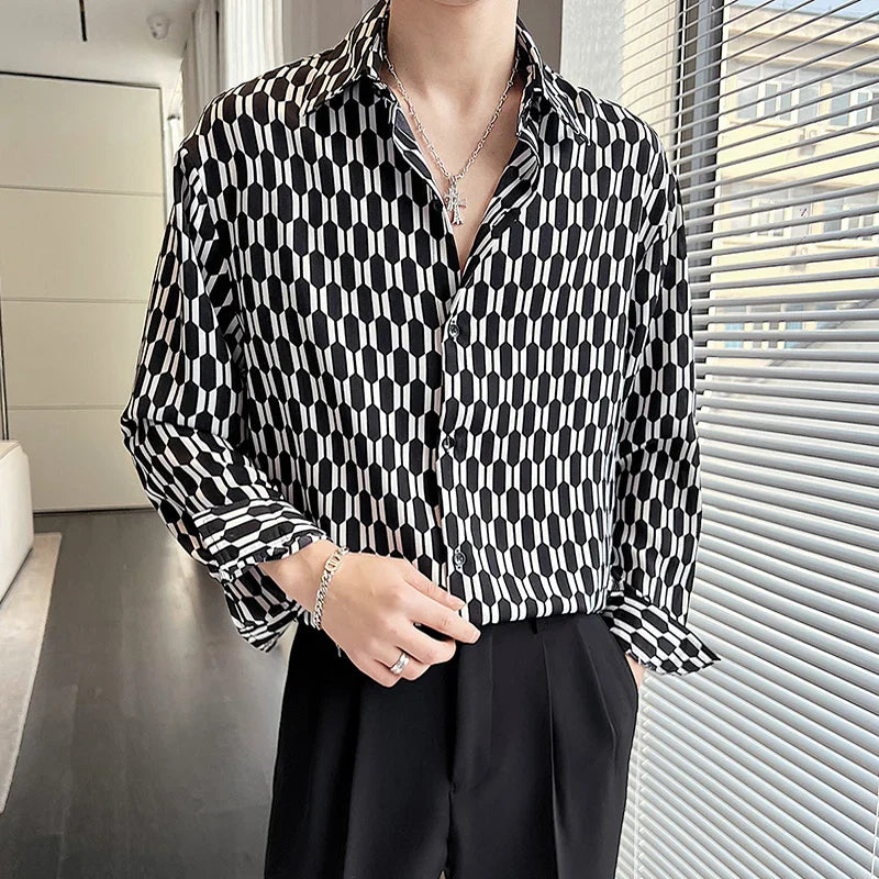 New Summer Men's Printed Shirts Oversized Clothing Casual Long Sleeve Striped Plaid Vintage Thin Draped Stretch Hawailan Blouses