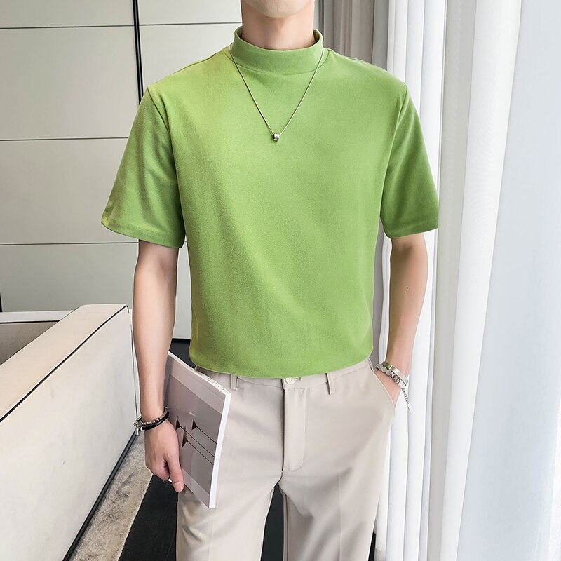7Colors Solid Turtleneck Short Sleeve T-Shirts For Men Clothing Simple All Match Comfortable Casual Tee Shirt Homme Sale