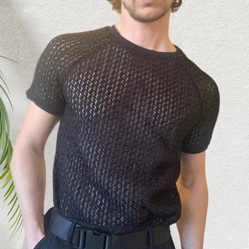 New Fashion Solid Color Hollow Knit T-shirts Men Spring Summer Leisure O Neck Basic Tops Mens Clothing Casual Short Sleeve Tees