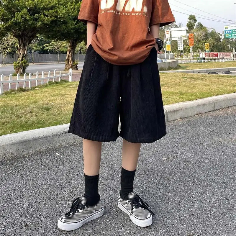 saferido Brown Corduroy Shorts Oversized Baggy Five Point Trousers Summer Korean Fashion Wide Leg Pants Ins Hip Hop Bottoms Men and Women