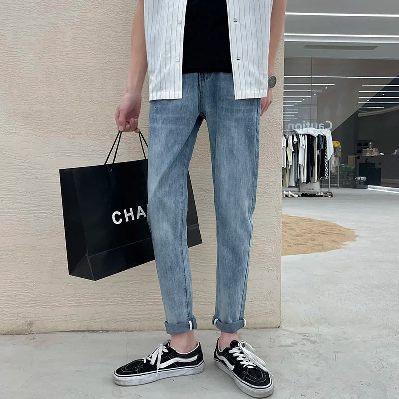 saferido Simple Blue Washed Jeans Men's Casual All-match Fashion Slim Pencil Pants Wear-resistant Spring Summer Stretch Denim Pants Thin
