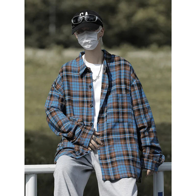 saferido Autumn Long Sleeved Shirt Men Oversized Fashion Retro Plaid Shirt Men Streetwear Loose Casual Shirt Mens Vintage Shirts M-3XL