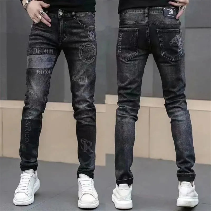 saferido Mens Denim Print Pants Jeans Korea Slimming Trendy Casual Jeans All-match Streetwear Light Luxury Men Jeans Pants for Men