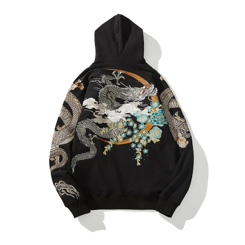 Men Streetwear Fleece Hoodie Sweatshirt Embroidery Flower Chinese Kanji Pullover Winter Harajuku Cotton Hooded Hoodie