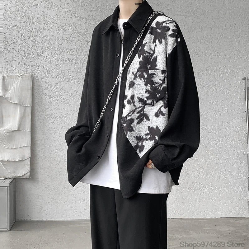 saferido Spring Autumn Long Sleeve Print Shirt Man Black/White High Street Fashion Casual Button Patchwork Harajuku All-match Blouse