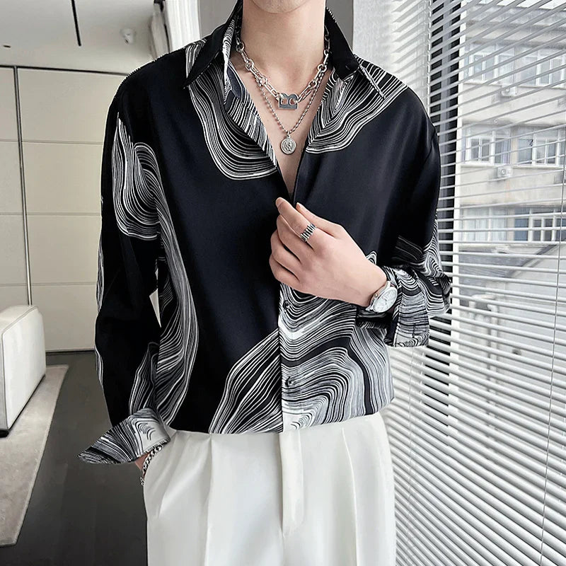 New Summer Men's Printed Shirts Oversized Clothing Casual Long Sleeve Striped Plaid Vintage Thin Draped Stretch Hawailan Blouses