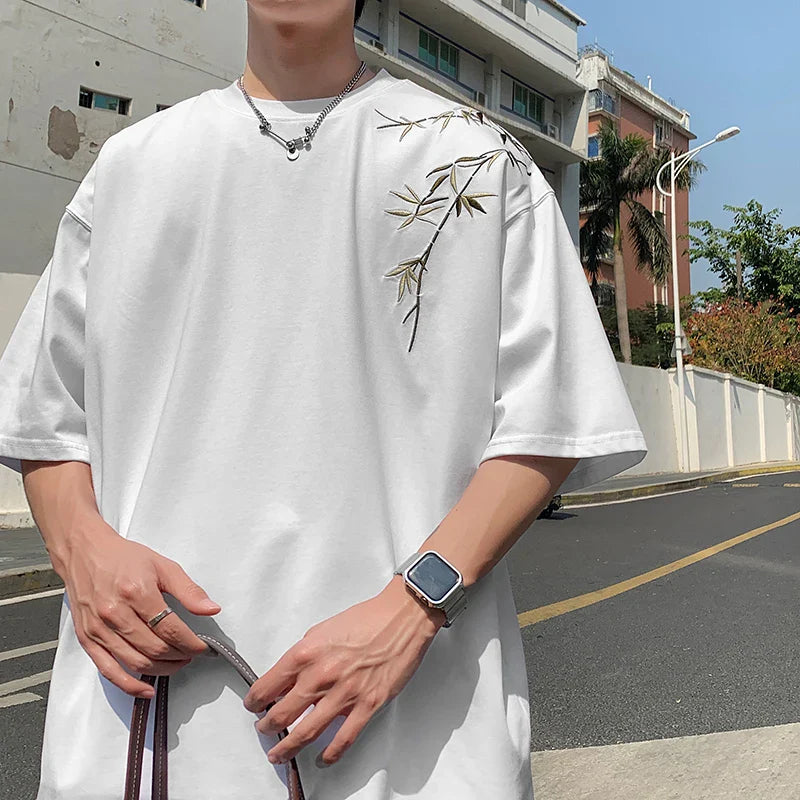 saferido Bamboo Embroidered T Shirt Men Harajuku Streetwear T-Shirts Summer Short Sleeve Black White Loose Casual Tshirt Tees Top