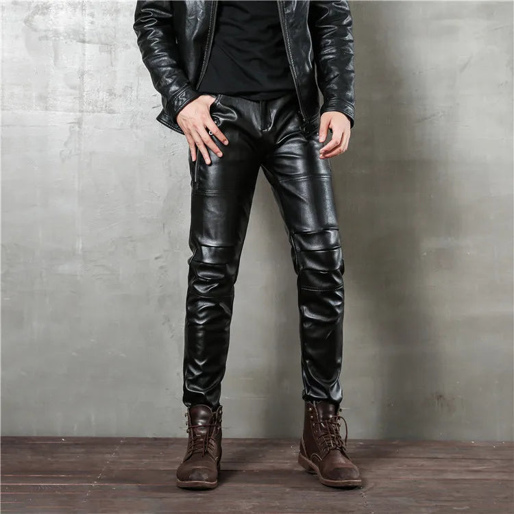saferido Men's Black Leather Pants Slim Fit Stretch Personality Simple Thin Punk Style PU Leather Men's Pants Motorcycle Dance Party