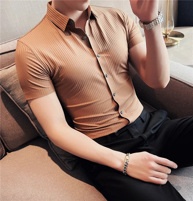 saferido British Style Men's Summer Lce Silk Casual Short SSleeves Shirts/Male Slim Fit Lapel Stripe Stretch Business Dress Shirts