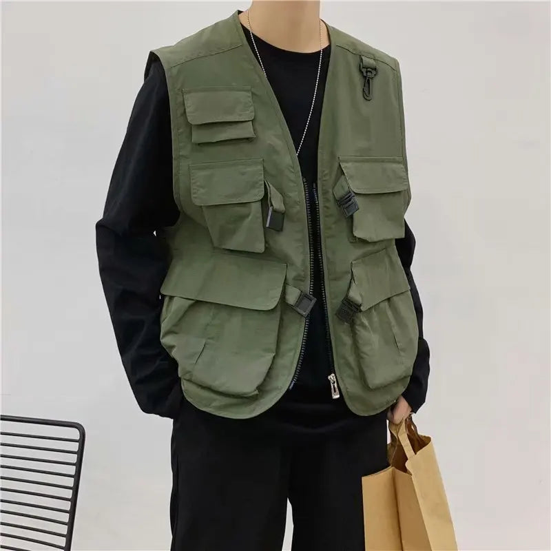 saferido Mens Vest Jacket Summer Thin Hip Hop Cargo Vest Design Tooling Pocket Vest Fashion Outwear Clothes Harajuku