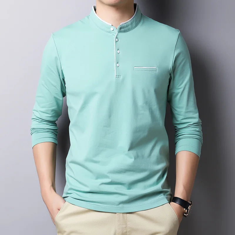 saferido New Spring Autumn T Shirt Men Cotton Long Sleeve Slim Fit Mens Tshirt Fashion MANDARIN COLLAR Solid Color Tops Tees Men Clothing