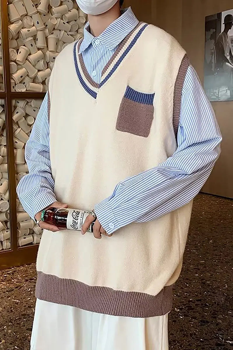saferido Male Print Contrast Color Vest Sweater Autumn Winter V Neck Men Preppy Style Harajuku Fashion Casual Oversize Knitted V47