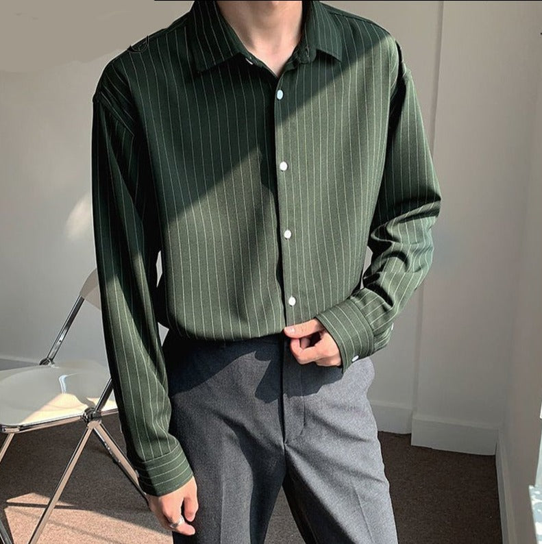 New Korean Fashion Autumn Shirts Men Business Casual Neat Capable Hipster Street England Style Elegant Stripe Clothes Top