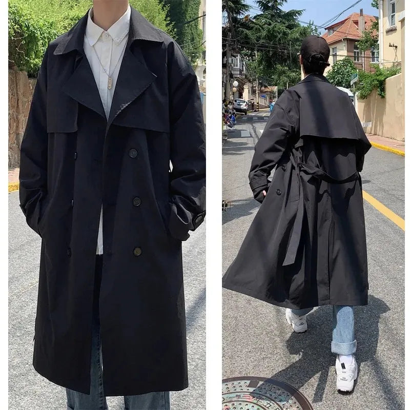 saferido Korean Style Trench Men Coat Male Streetwear Windbreaker Trenchcoat Solid Business Casual Streetwear Loose Long Overcoat