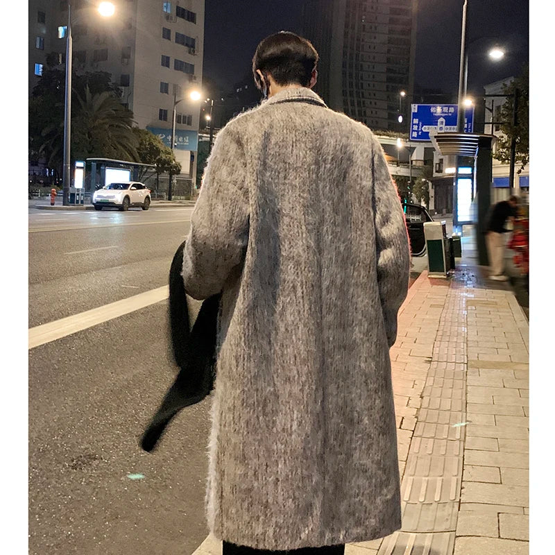 saferido Korean Style Medium-length Men's Trench Autumn Winter High Quality Loose Casual Woolen Coat Trendy Overcoat Khaki/Dark Gray