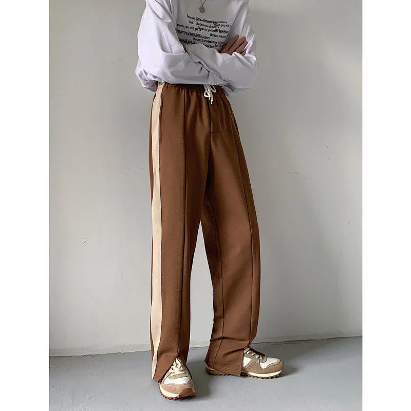 saferido Korean Men's Loose Elastic Waist Casual Pants Open Fork Wide Leg Pants Vintage Trousers Green/brown Joggers Sweatpants