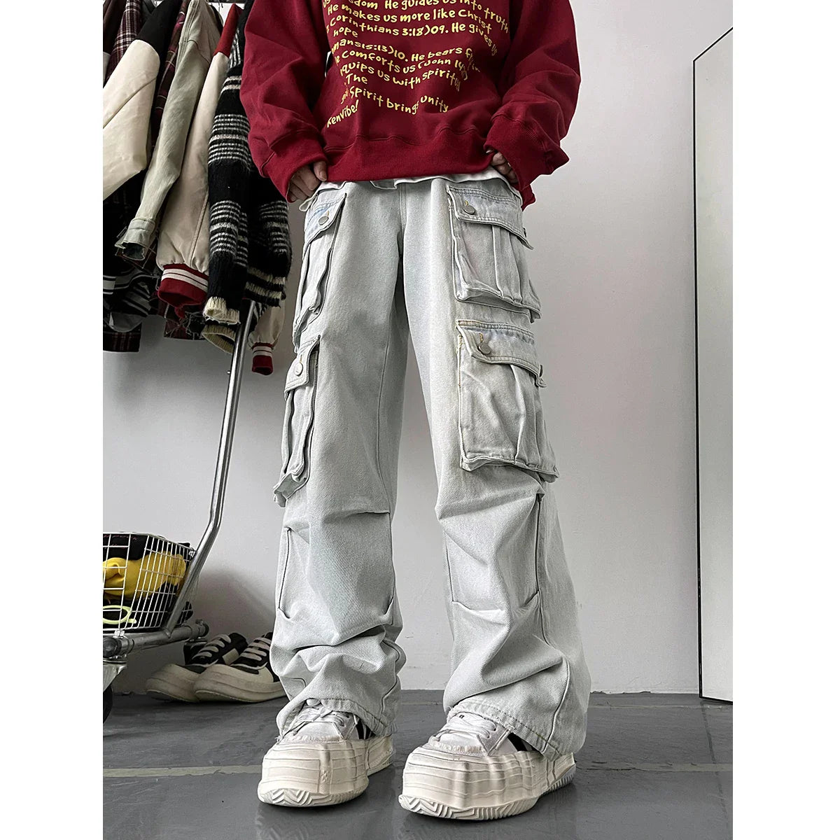 Light Blue Cargo Jeans Men's Patchwork Straight Casual Trousers Men Muti-pockets Hip Hop Streetwear Loose Fashion Pants