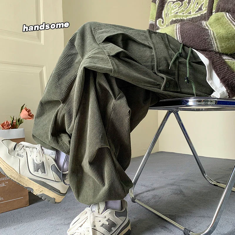 saferido Winter Thickened Corduroy Pants Men Oversize Pocket Cargo Pants Men Streetwear Hip Hop Loose Straight Pants Mens Thick Trousers