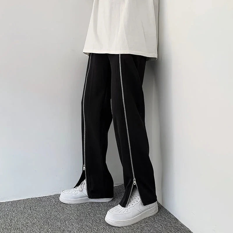 saferido Zipper Black Pants Men's Loose Drape Straight Wide-leg Trousers Fashion Spring Summer Solid Color Casual All-match Casual Pants