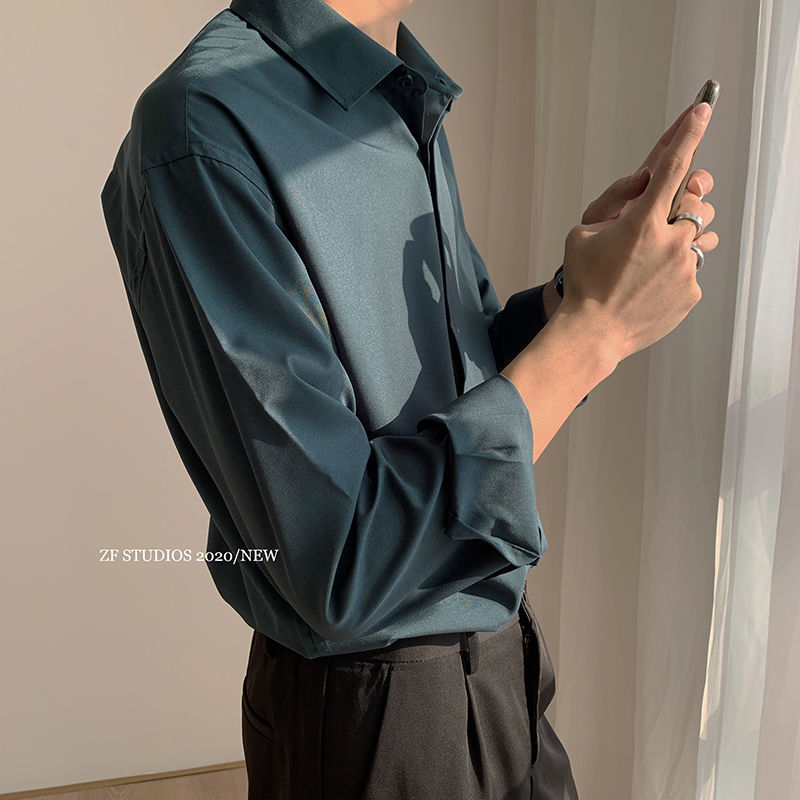 Casual White Shirt for Men Solid Color Ice Silk Long Sleeve Shirt Harajuku Loose Top Quality Drape White Japanese Streetwear