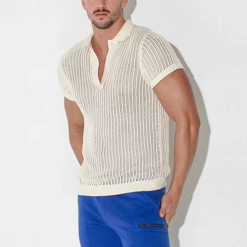 Spring Summer Mens Sexy Tops See Through Hollow Out Knitted Mesh Shirt Fashion Loose Breathable Knit Polo Shirts Men Streetwear