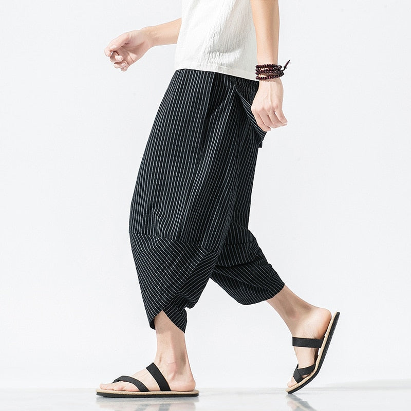 HOUZHOU Striped Cotton Linens Pants for Men Oversize Harem Cropped Trousers Male Summer Casual Beach Japanese Streetwear Hip Hop