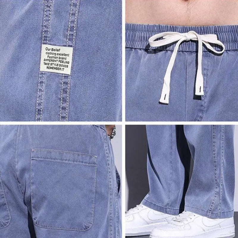 saferido Men's Summer Ice Silk Jeans/Male Elastic Waistline Loose and Comfortable Tencel Jeans Drawstring Korea Casual Trousers M-5XL