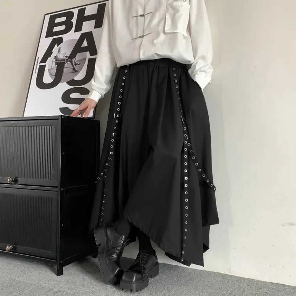 saferido Mens Gothic Rope Belt Decorated Irregular Skirt Pants Genderless Fashion Japanese Style Niche Dark Samurai Pants Hakama Unisex