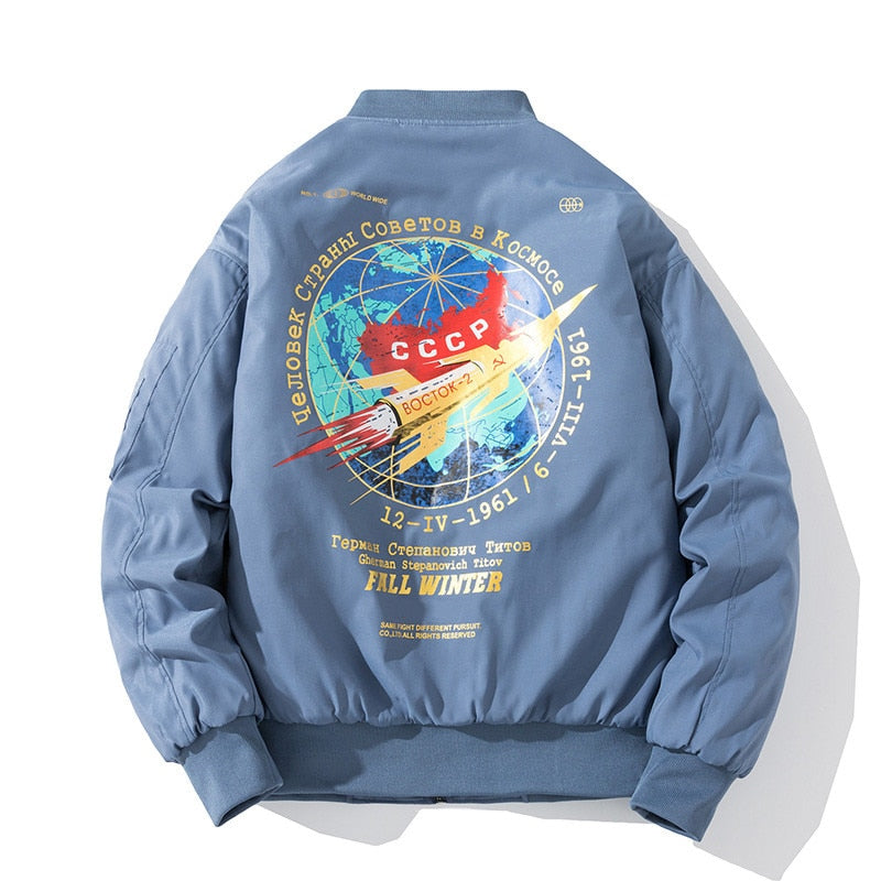 Winter Bomber Jacket Men Fashion Pilot Jacket Rocket Print Baseball Coat Casual Youth Streetwear Outerwear Mens Clothing
