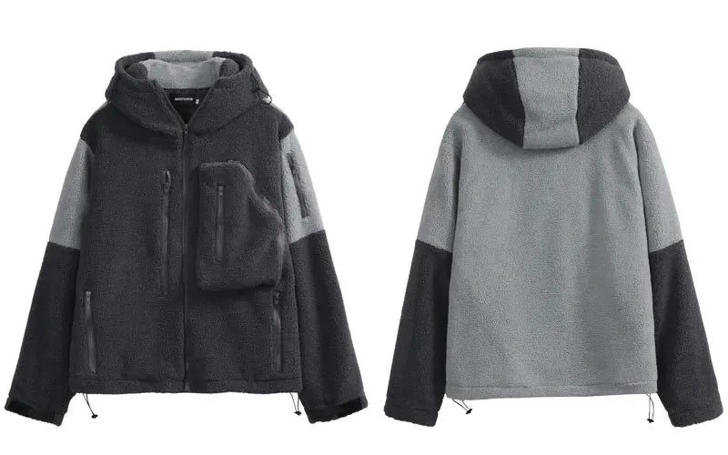Hip Hop Fleece Fluffy Hooded Jacket Streetwear Harajuku Fuzzy Plush Patchwork Zipper Thick Warm Coats Fashion Loose Jacket