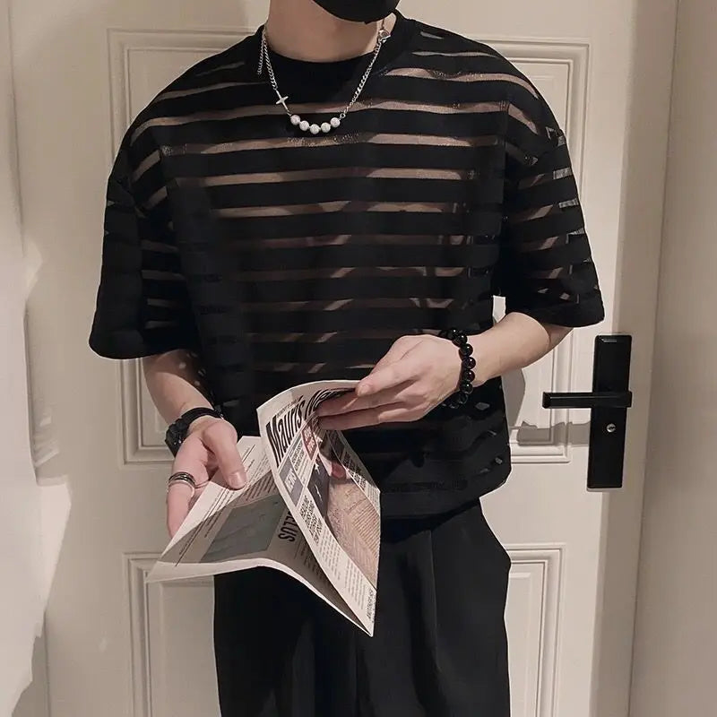 saferido Korean New Men's Clothing Fashion Hollow Out Striped Tops Man Comfortable Breathable Lace Thin Style T-shirt