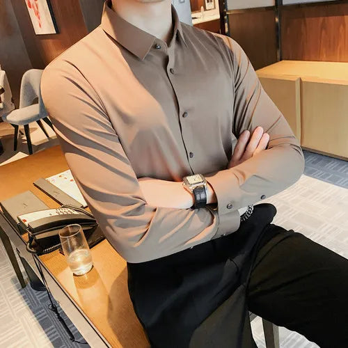 saferido Men Spring High Quality Business Shirts/Male Slim Fit Solid Color Ice silk With Long Sleeves Shirts/Man Casual Dress Shirts