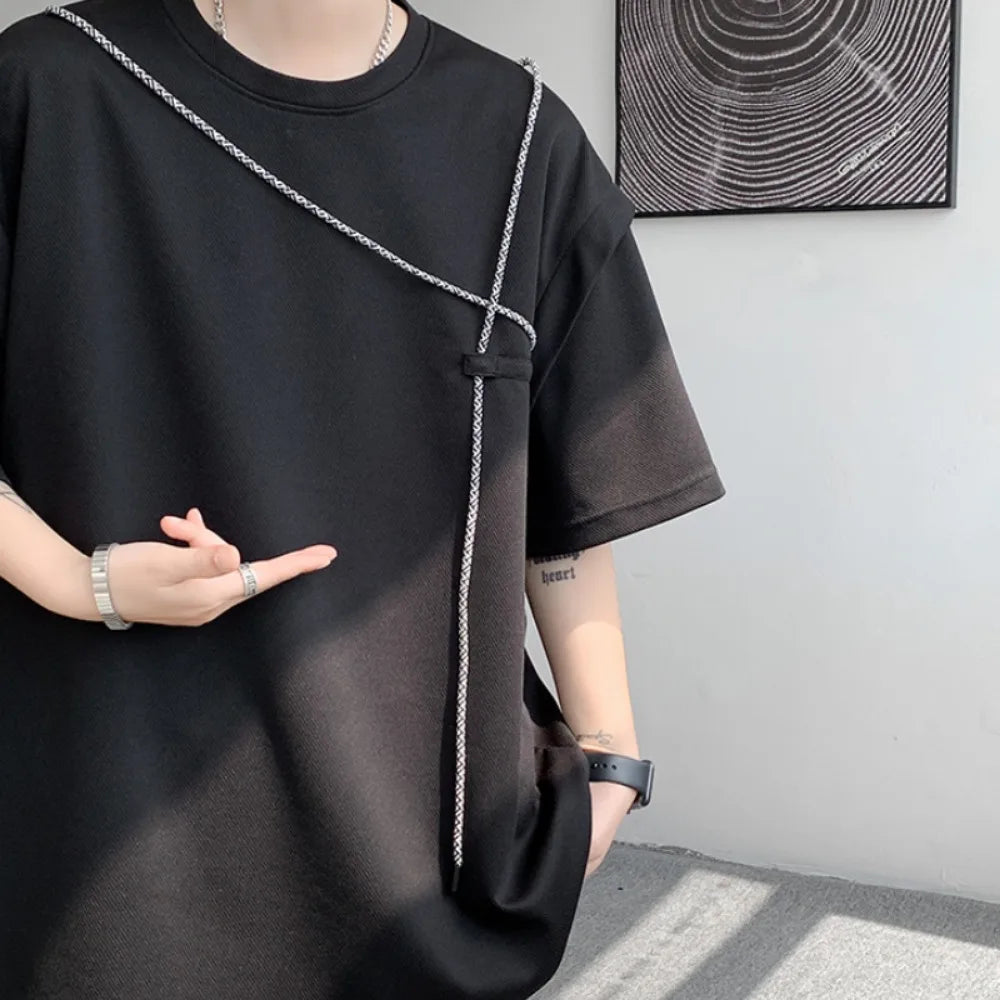 saferido Hip Hop T-shirts Men Simple Popular Korean Style Bandage Design Loose Individual Chic Comfortable Patchwork Students Summer Tees