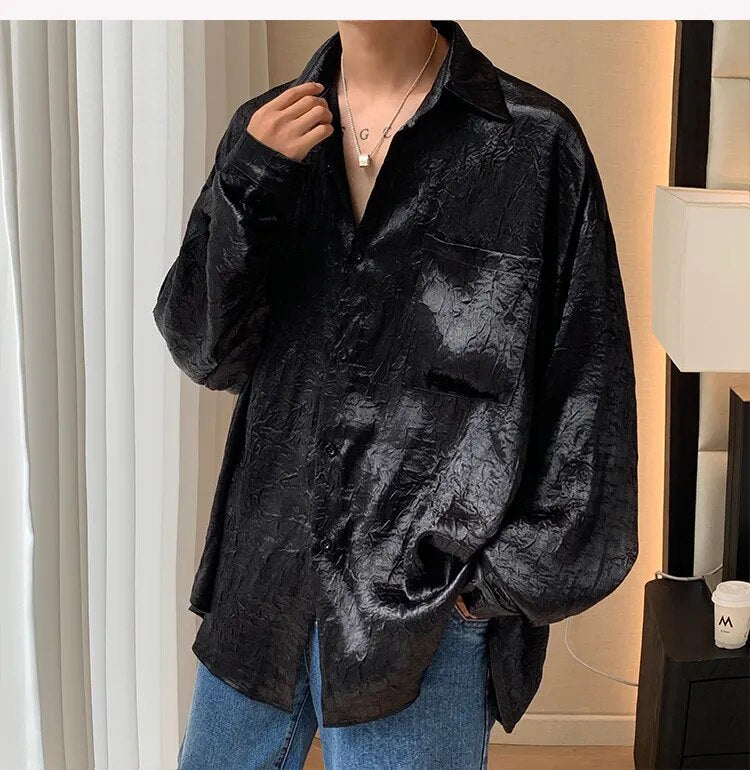 Autumn Fashion Button Up Silk Shirt High Quality Trend Blouse Men Black Gentlemen Long Sleeve Handsome Daily Loose Casual Shirts