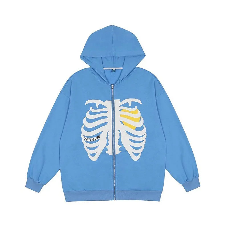 Y2K Pullover Skeleton Hoodies Men Women Gothic Zip Up Oversized Sweatshirt Ladies Retro Harajuku Hooded Jacket Streetwear