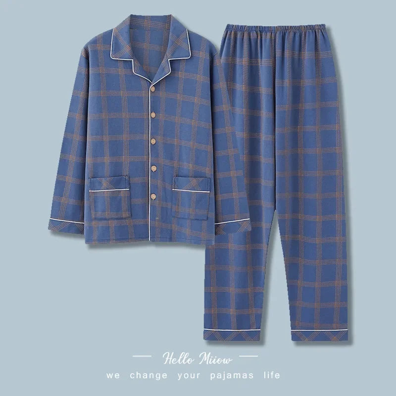 Men Pajamas Set Lounge Sleepwear Plaid Pyjamas Long Sleeve Spring Autumn Loungewear Male Homewear Home Clothes