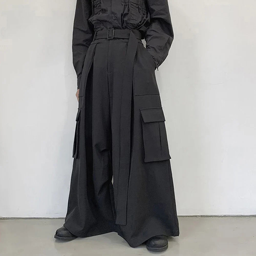 saferido Mens Multi-Pocket Loose Casual Skirts Genderless Japanese Harajuku Street Dark Workwear Style Solid Color Wide Leg Pants Unisex