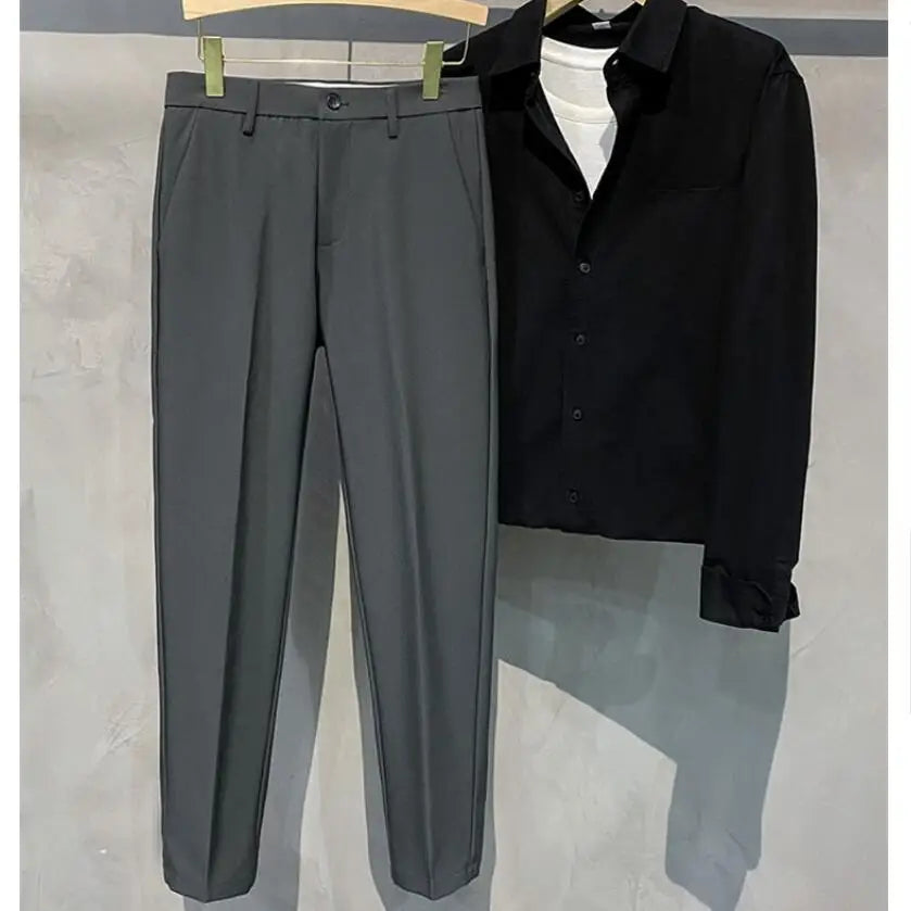 saferido Korean Style Fashion Ankle Length Suit Pants Men High Waist Solid Blue Black Gray Casual Straight Adjustable Waist Trousers