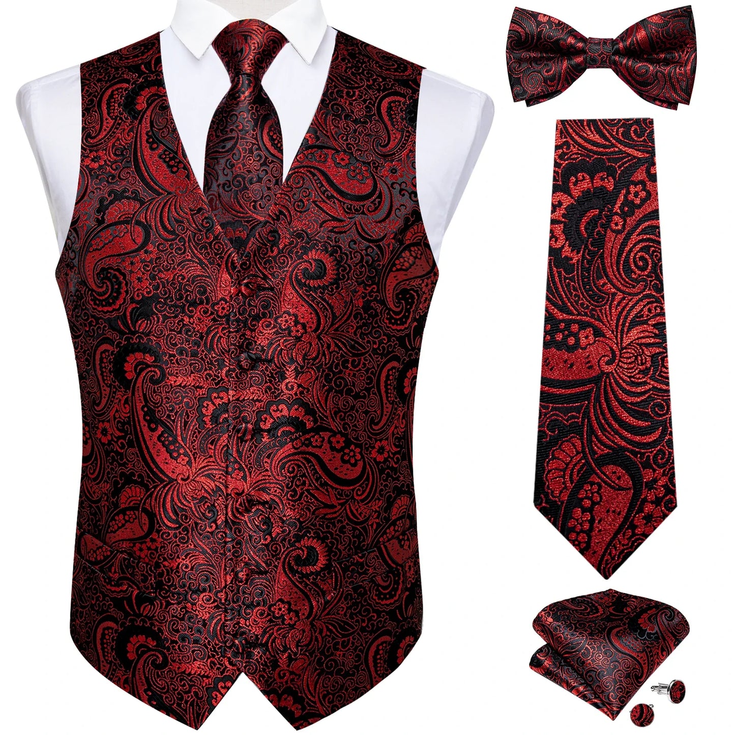 Men Black Paisley Vest Necktie Bowtie Pocket Square Cufflinks Dress Set Classic 5 PCS Business Waistcoat for Man