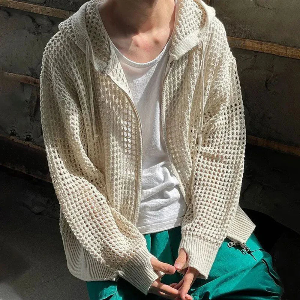 saferido Y2k Knitted Cardigan Men's Hollow Design Zipper Hoodie Outerwear Autumn Fashion Oversized Loose Sexy Long Sleeve Sweater Jacket